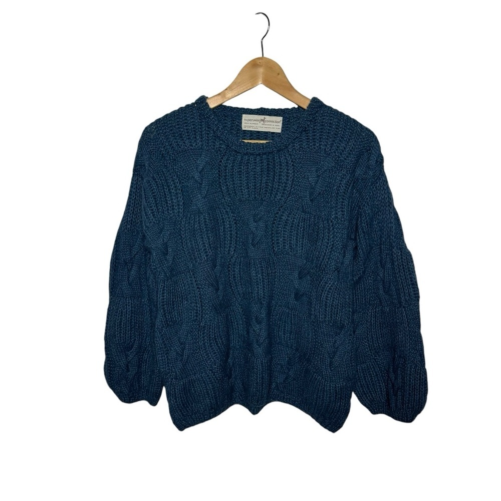 Peruvian Connection Teal Cable Knit Crewneck Sweater